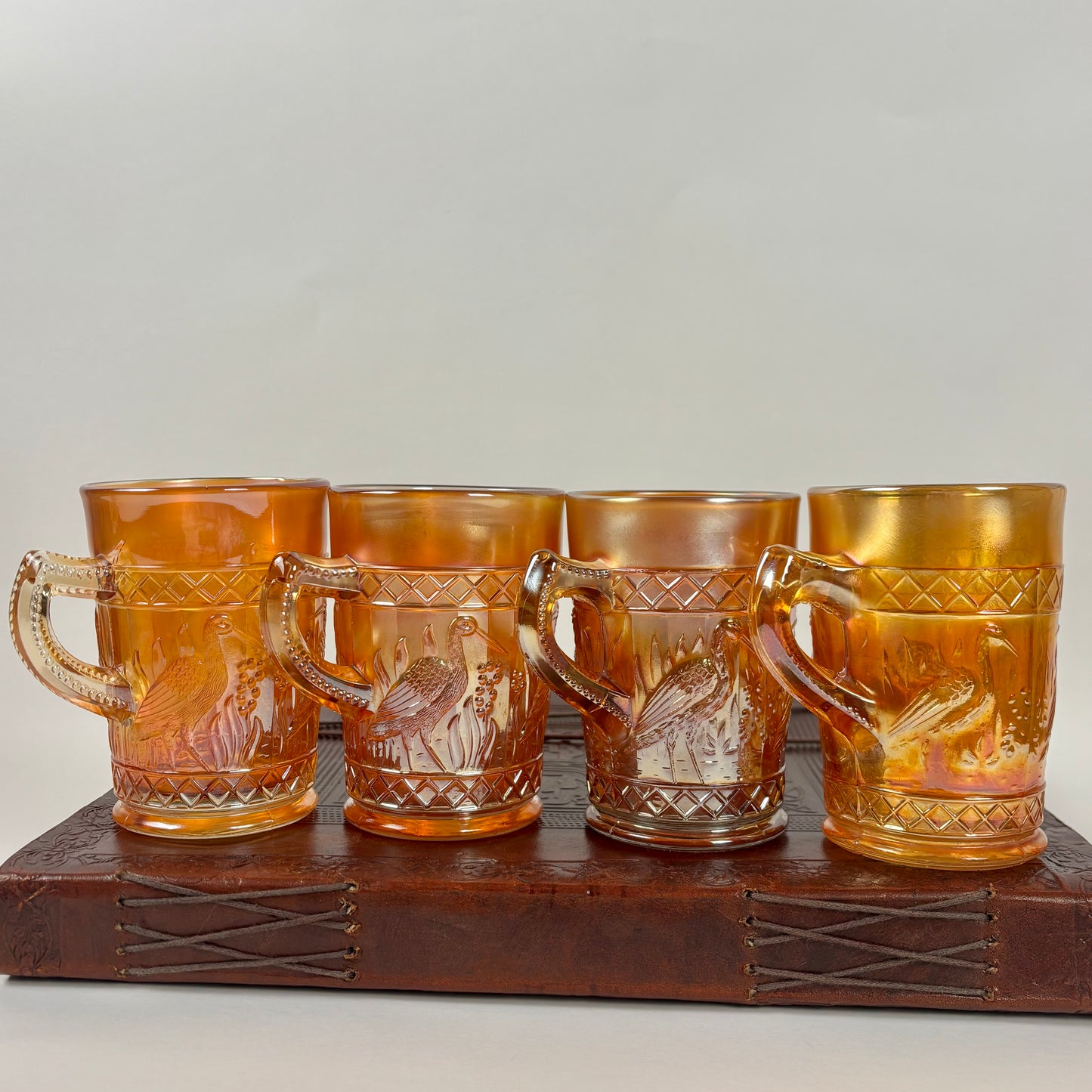 Antique Dugan Stork & Rushes Carnival Glass Mugs – Set of 4 |⋆˙⟡| Circa 1910