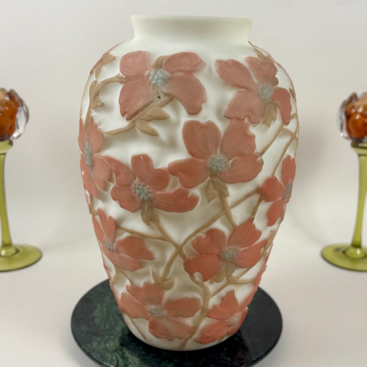 Antique 1920s Consolidated Glass Dogwood Vase |⋆˙⟡| Original Label, Coral Pink Martele Art Glass