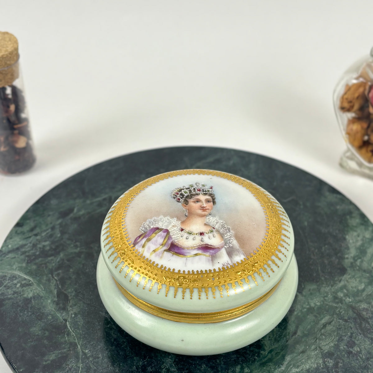 Antique Hand Painted Porcelain Portrait |⋆˙⟡| Trinket Box with Gold Gilt