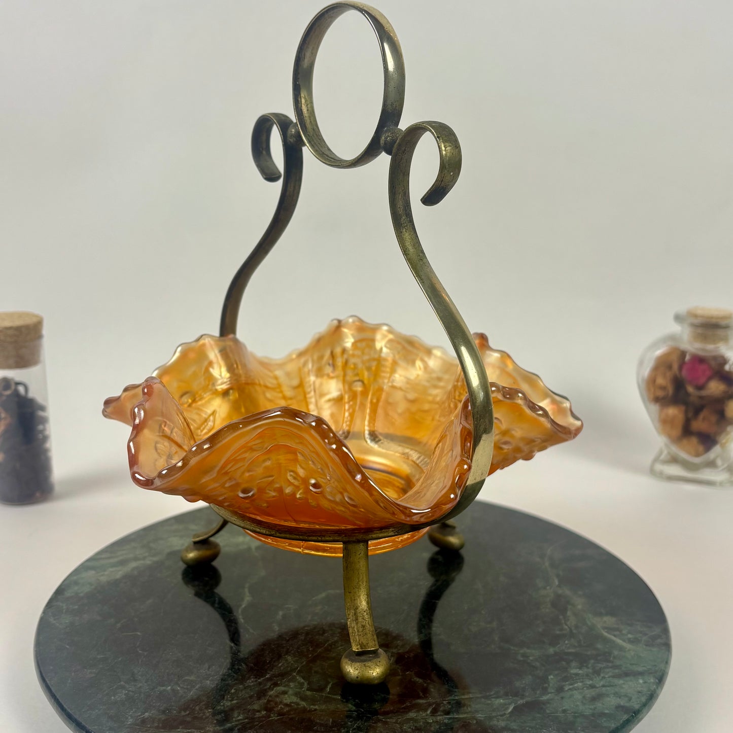 Antique Fenton Sailboats Marigold Carnival Glass Bowl |⋆˙⟡| with Brass Stand, c. Early 1900s