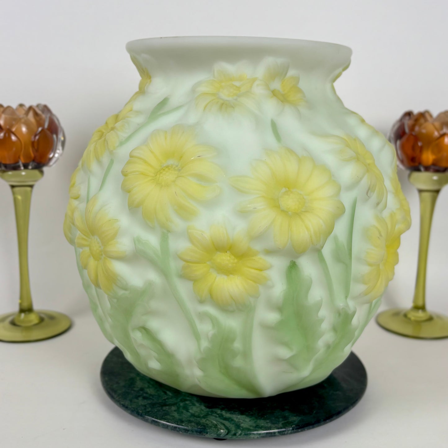Phoenix Art Glass Yellow Daisy Pattern Vase |⋆˙⟡| Reverse Decorated, c. 1930s–1950s, Sculptured Floral Art Glass