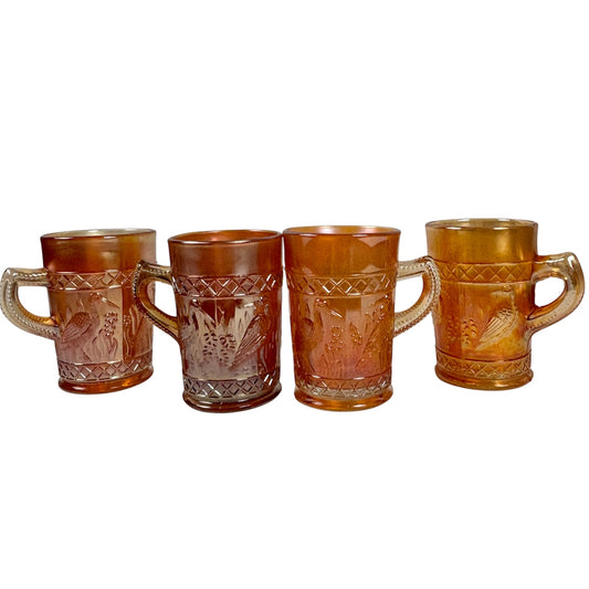 Antique Dugan Stork & Rushes Carnival Glass Mugs – Set of 4 |⋆˙⟡| Circa 1910