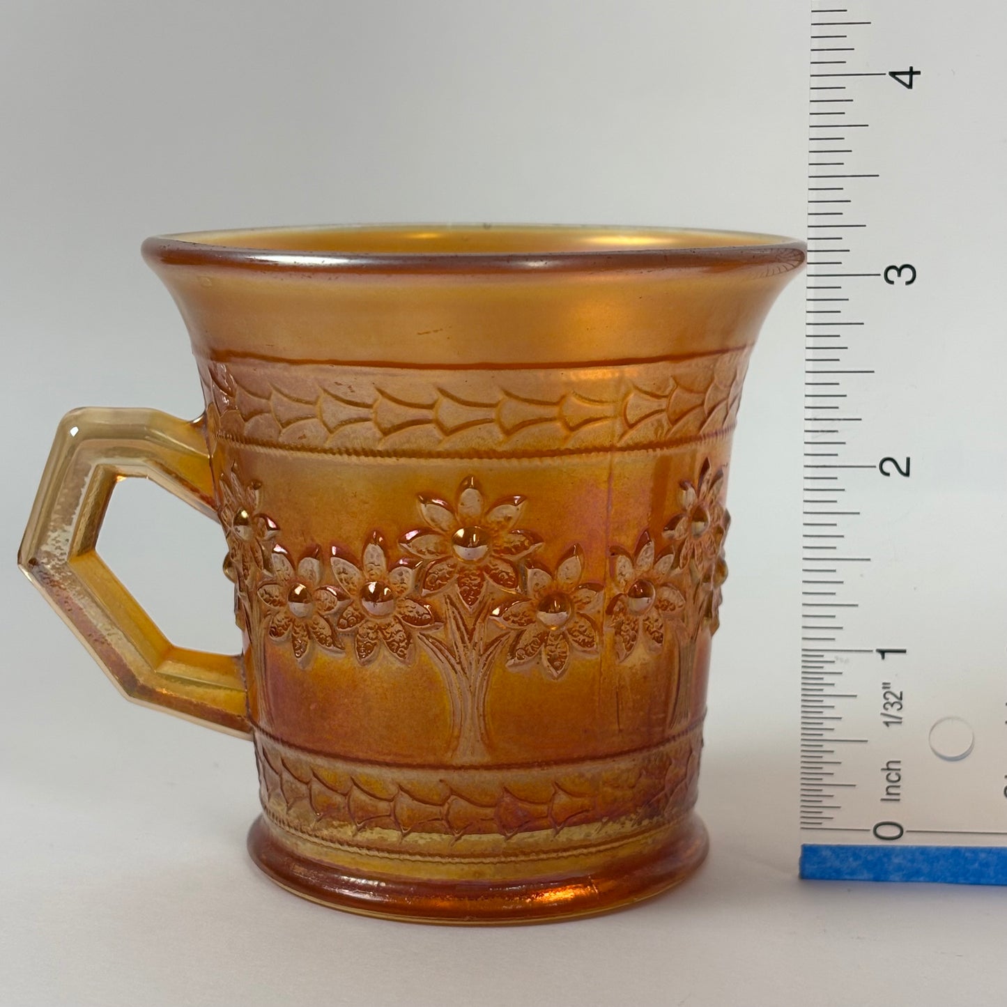 Antique Fenton Orange Tree |⋆˙⟡|Marigold Carnival Glass Mugs Pair, c. 1911–1920s