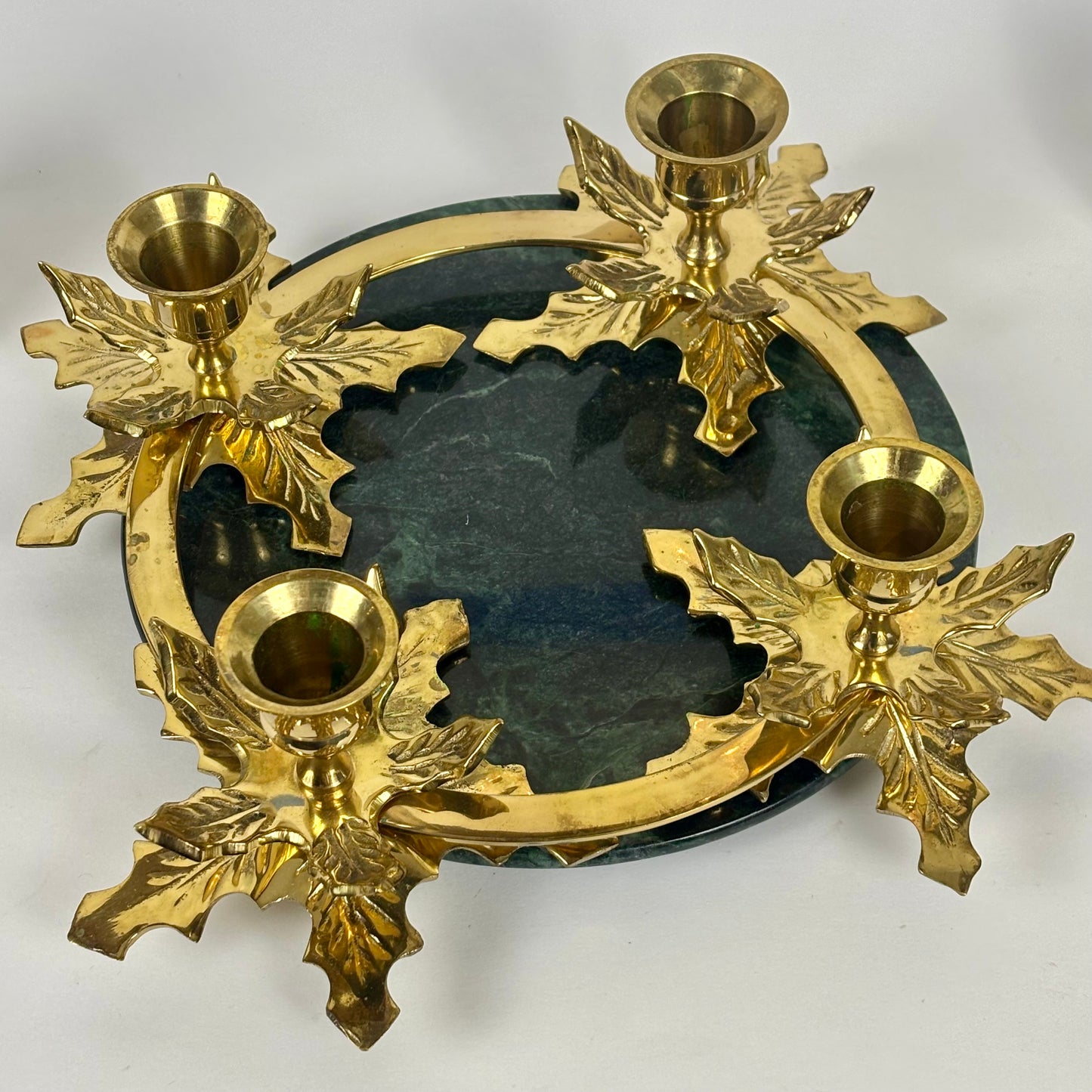 Vintage Hosley Solid Brass Leaf Wreath |⋆˙⟡| 4-Light Taper Candle Holder
