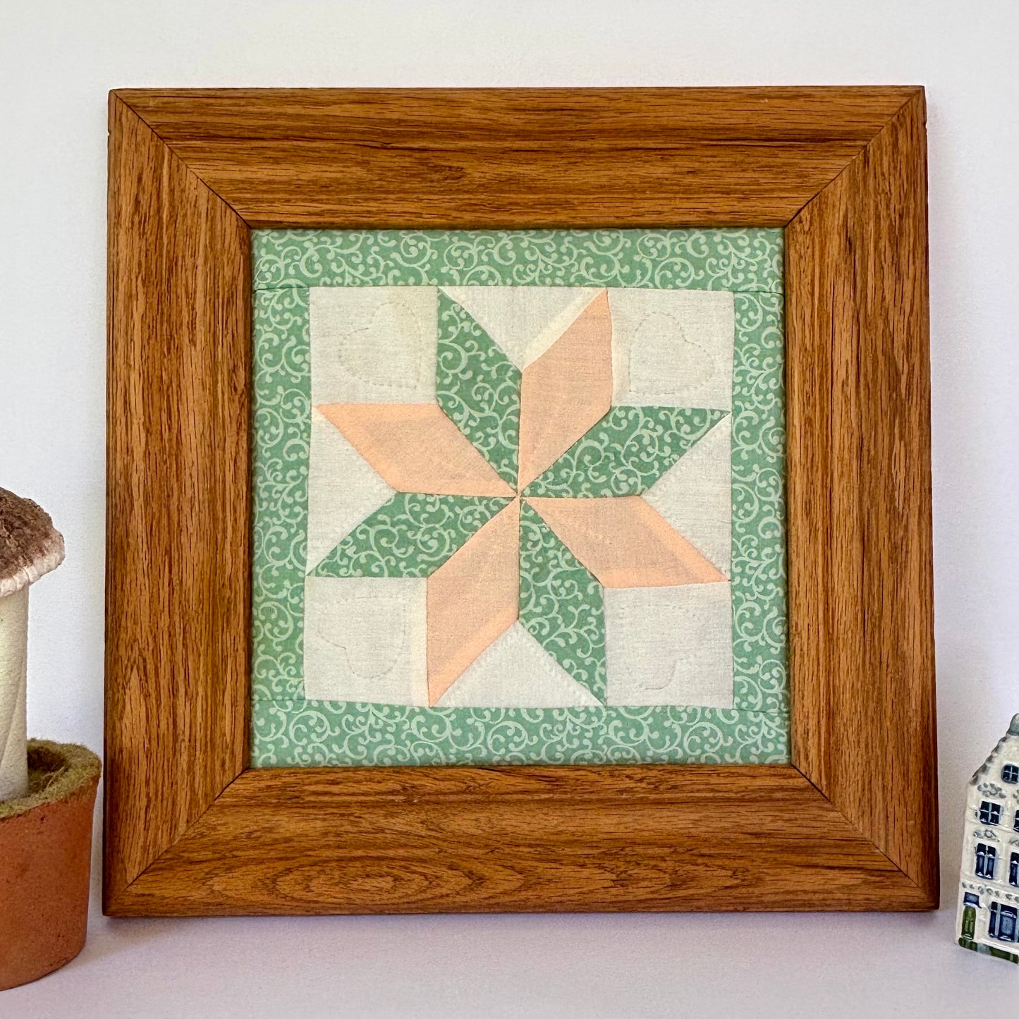 90's Handmade Framed Wall Art Set (2) ⋆˙⟡  Needlepoint Farm Scene + Quilt Block