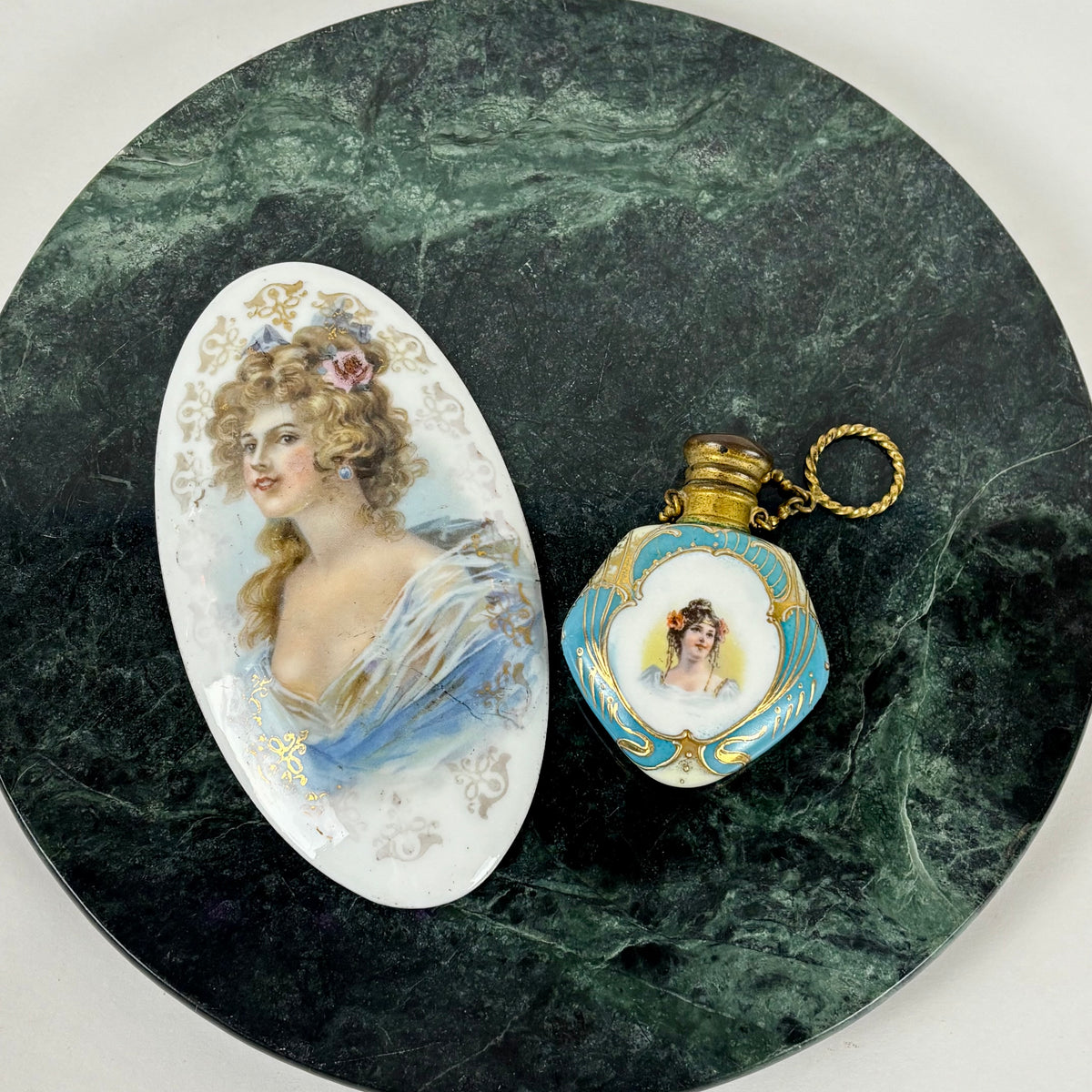 Antique Victorian Lady Portrait Porcelain Trinket Dish & Perfume Bottle Set |⋆˙⟡| Gold Gilt Vanity Decor