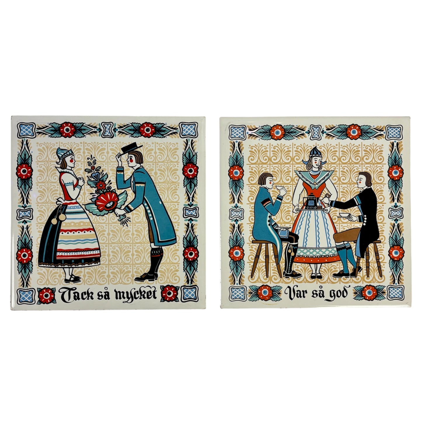 Vintage Berggren Trayner Scandinavian Folk Art |⋆˙⟡ | Ceramic Tile Wall Plaque, Set of 2