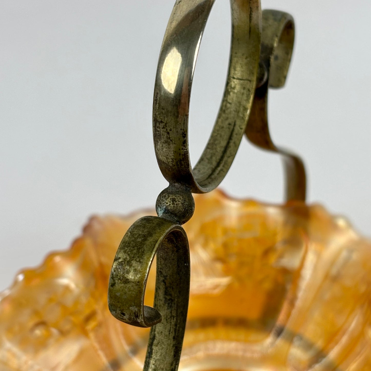 Antique Fenton Sailboats Marigold Carnival Glass Bowl |⋆˙⟡| with Brass Stand, c. Early 1900s