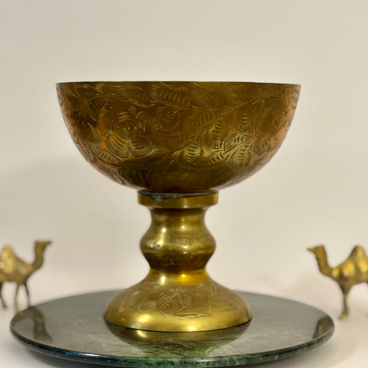 Vintage Sarna Brass Pedestal Bowl |⋆˙⟡ | Etched Brass Compote Dish – Made in India