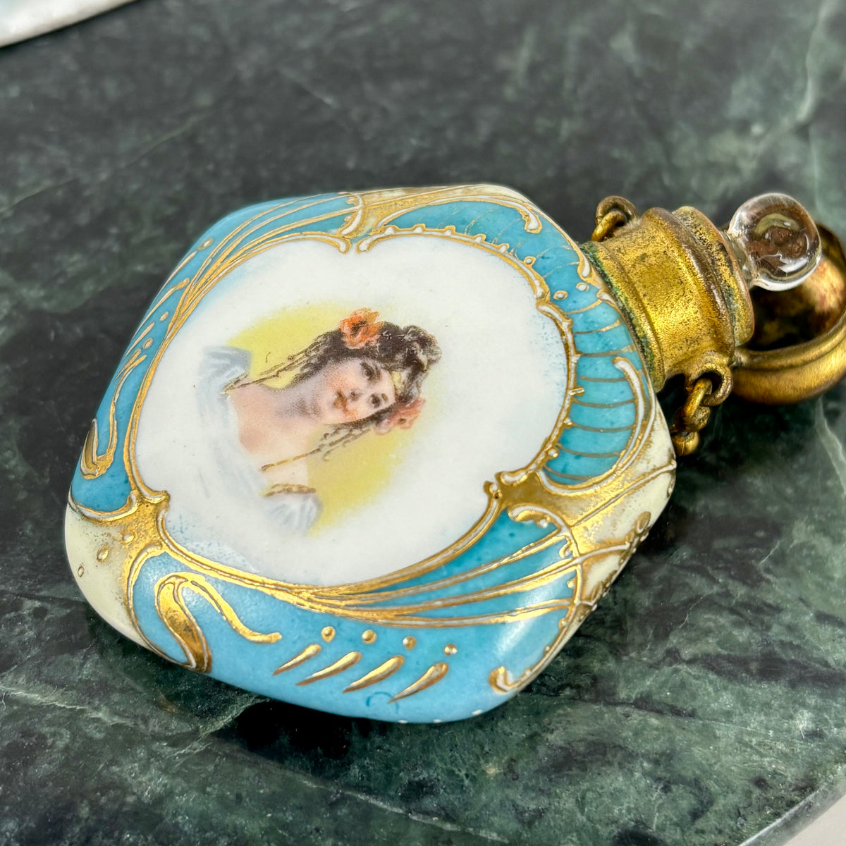 Antique Victorian Lady Portrait Porcelain Trinket Dish & Perfume Bottle Set |⋆˙⟡| Gold Gilt Vanity Decor