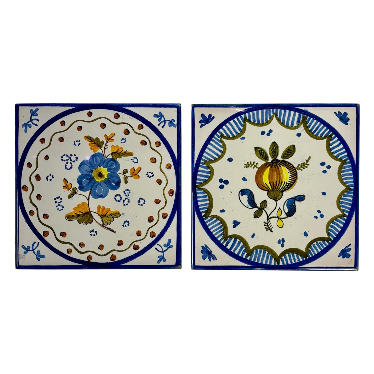 Vintage Hand Painted Floral Ceramic Wall Tiles |⋆˙⟡ | Set of 2, Blue & White Folk Art Tiles