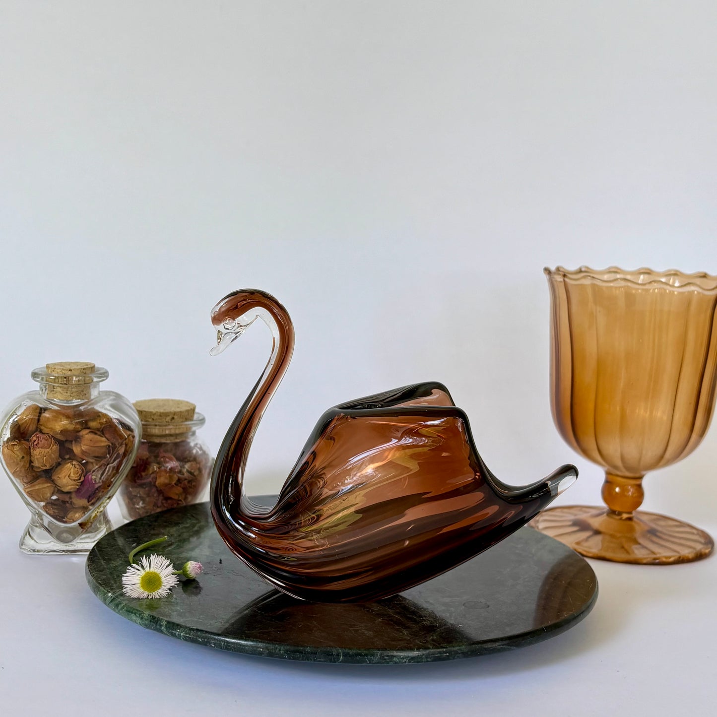 Vintage Amber Glass Swan |⋆˙⟡ |  Mid Century Art Glass Bird Planter / Candy Dish