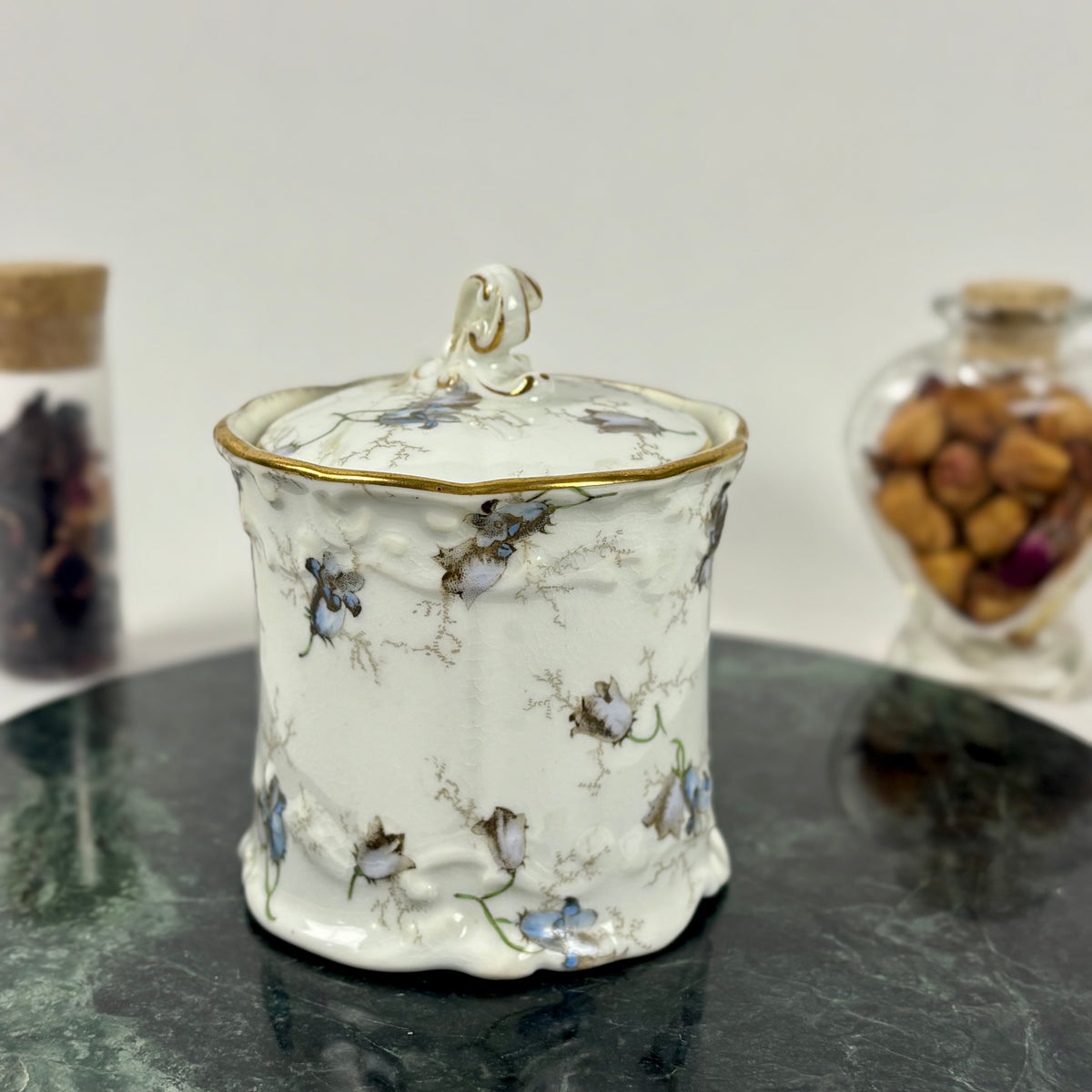 Antique Brown-Westhead, Moore & Co. Cauldon Porcelain Jar |⋆˙⟡| Blue Floral Lidded Vanity Jar