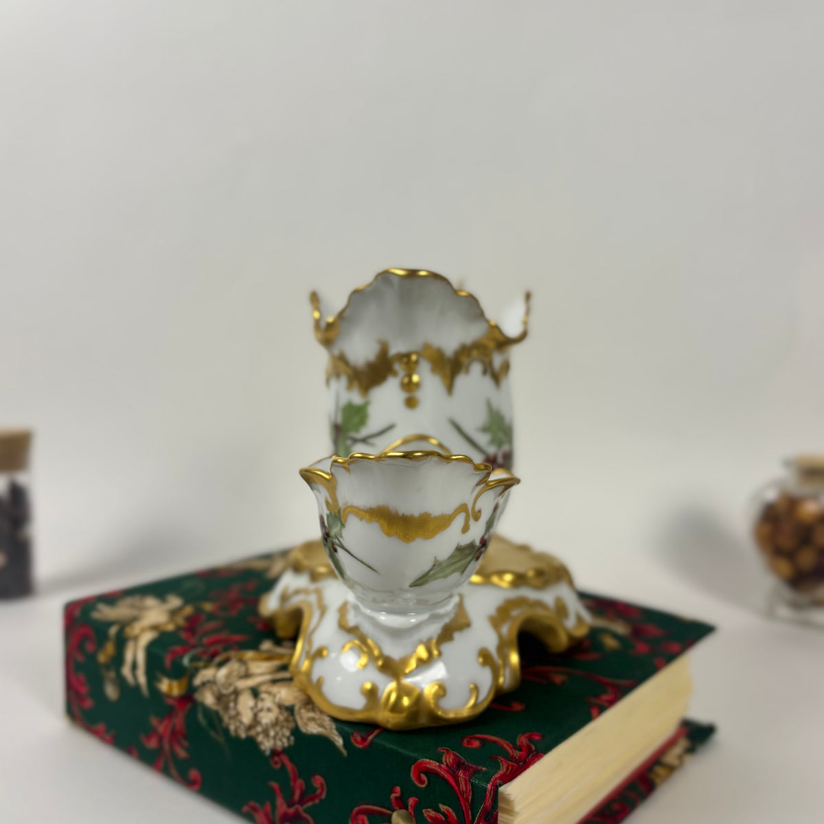 Antique Porcelain Holly Berry Desk Set |⋆˙⟡| Gold Gilt French Porcelain