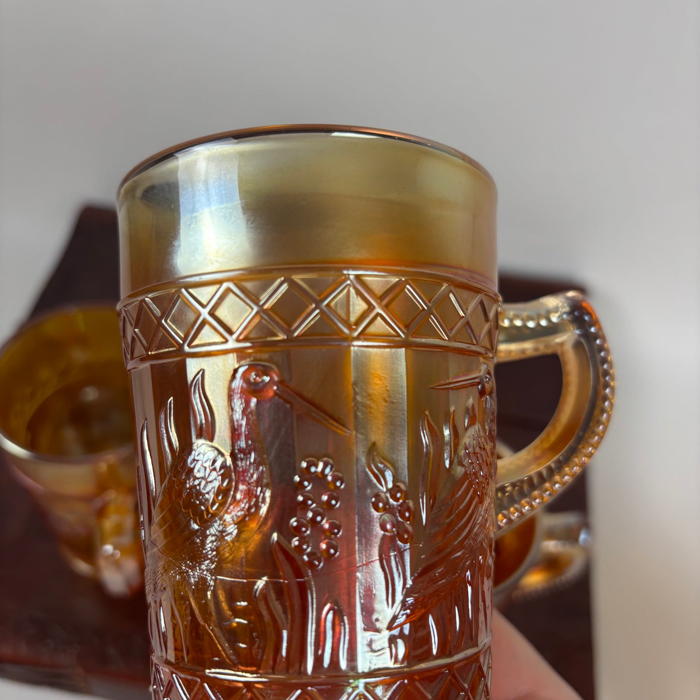 Antique Dugan Stork & Rushes Carnival Glass Mugs – Set of 4 |⋆˙⟡| Circa 1910