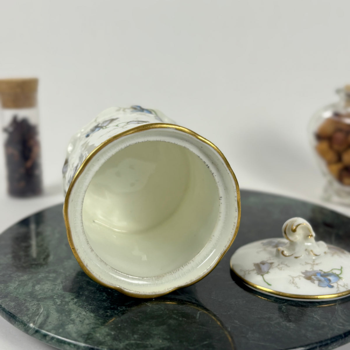 Antique Brown-Westhead, Moore & Co. Cauldon Porcelain Jar |⋆˙⟡| Blue Floral Lidded Vanity Jar