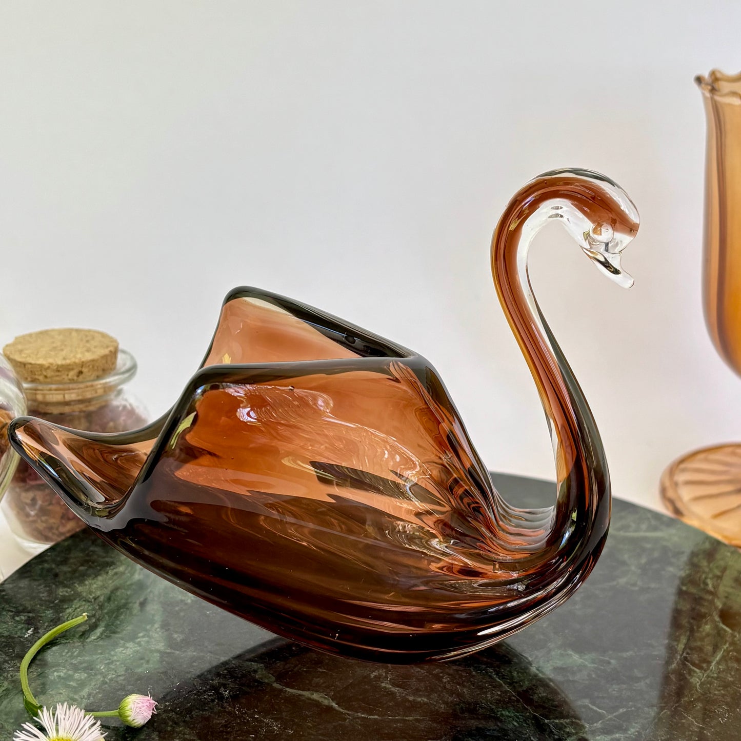 Vintage Amber Glass Swan |⋆˙⟡ |  Mid Century Art Glass Bird Planter / Candy Dish
