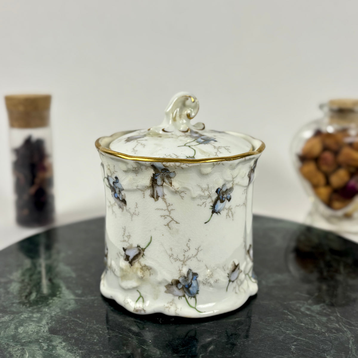 Antique Brown-Westhead, Moore & Co. Cauldon Porcelain Jar |⋆˙⟡| Blue Floral Lidded Vanity Jar