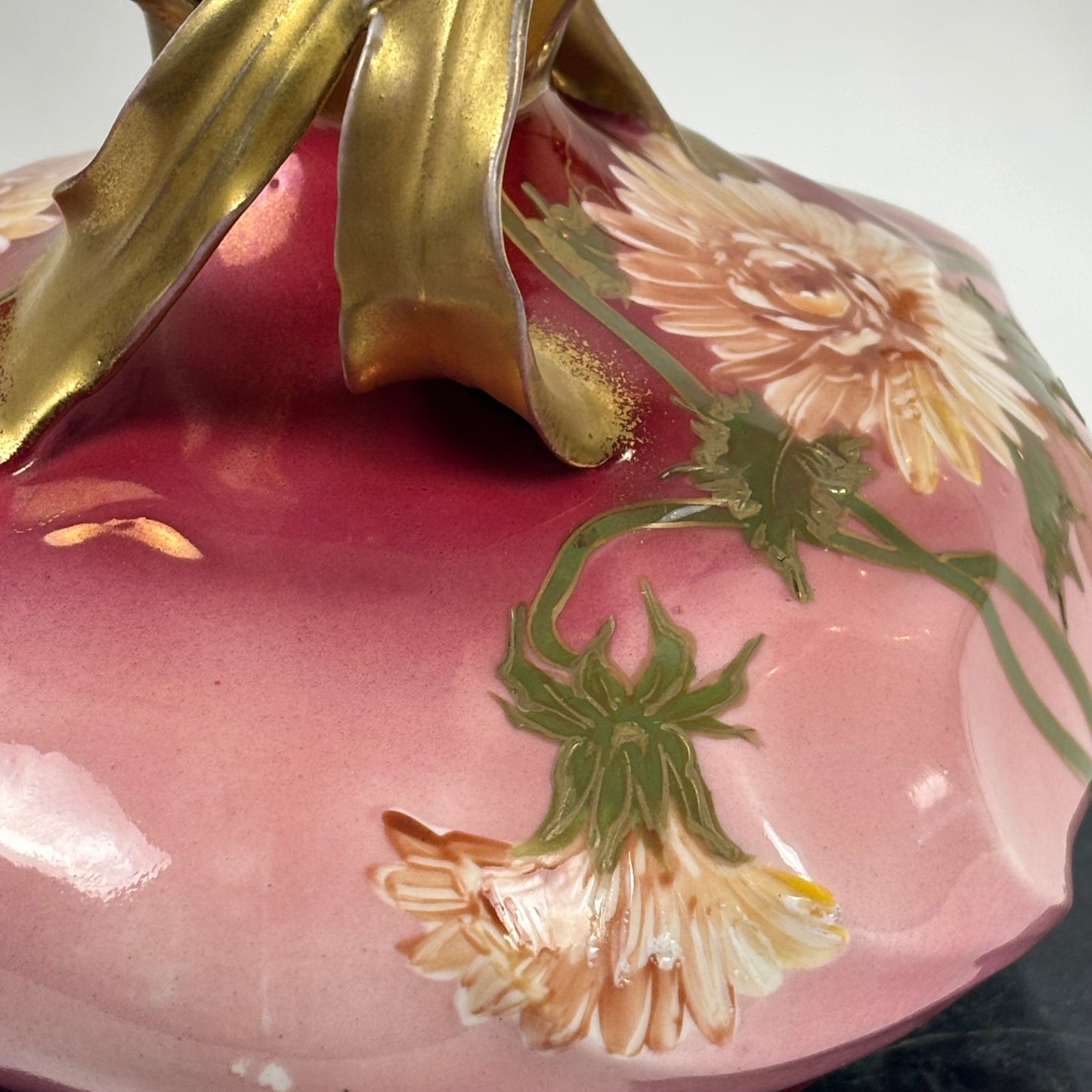 Vintage Art Nouveau Hand-Painted Pink Floral |⋆˙⟡| Porcelain Vase with Gilt Handles