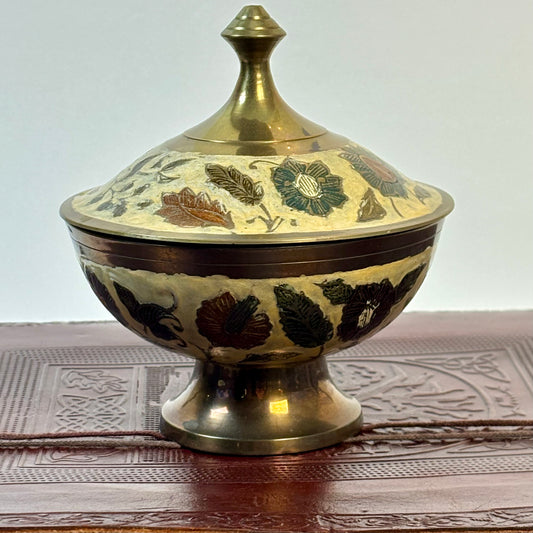 Vintage Floral Brass Tone Pedestal Trinket Dish with Lid |⋆˙⟡ | Made in India