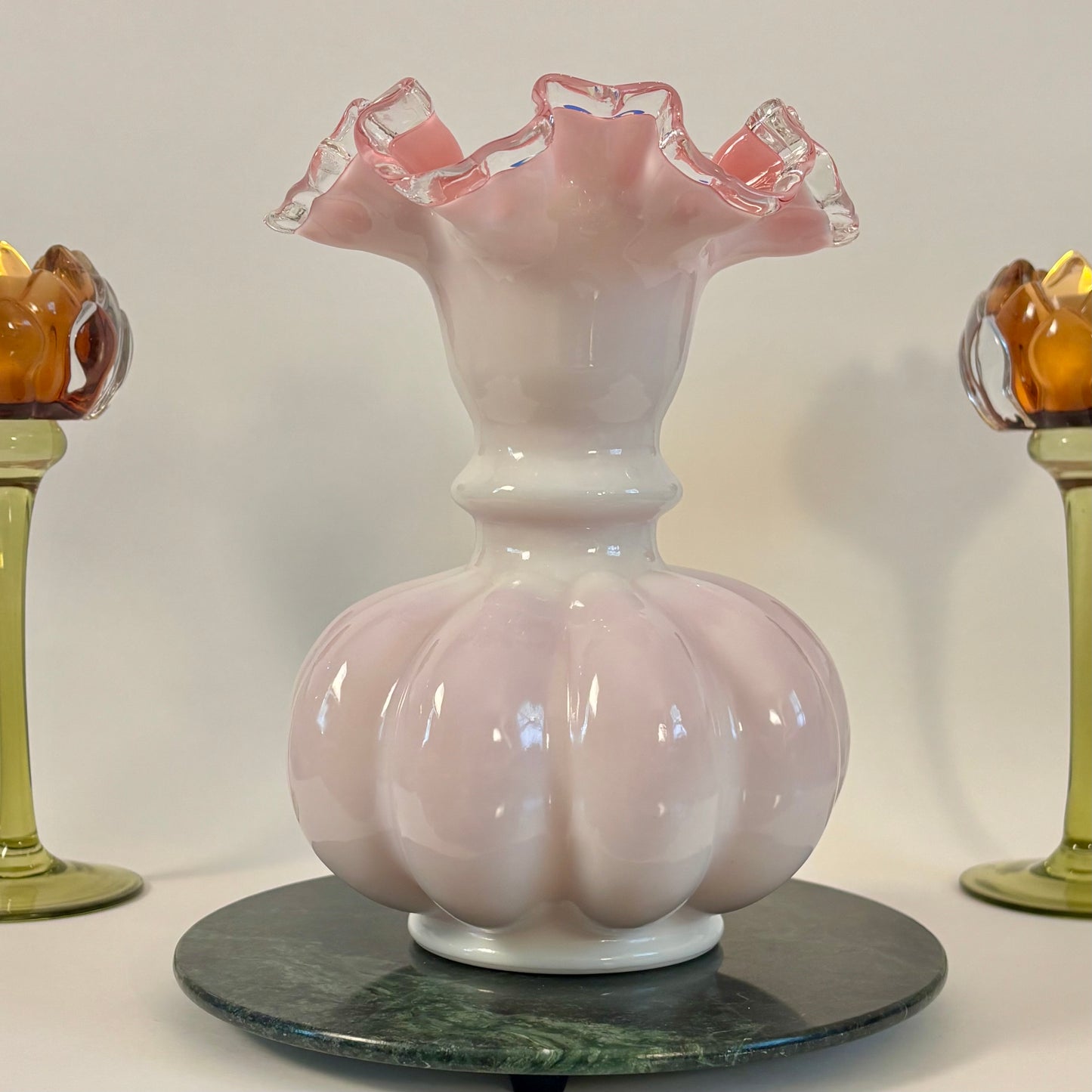 Vintage Pink Milk Glass Ruffled Vase ⋆˙⟡ Fenton Peach Crest Style