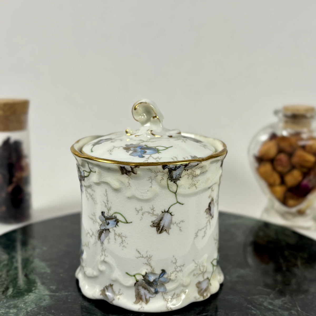Antique Brown-Westhead, Moore & Co. Cauldon Porcelain Jar |⋆˙⟡| Blue Floral Lidded Vanity Jar
