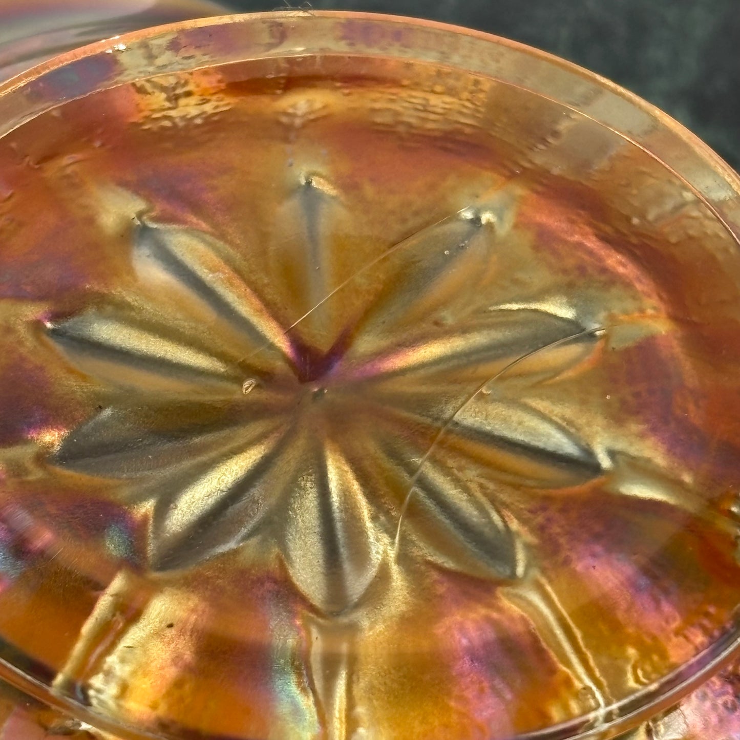 Antique Dugan Glass Leaf Ray Marigold Carnival Glass Nappy Dish |⋆˙⟡| Iridescent Handled Bowl, c. 1910