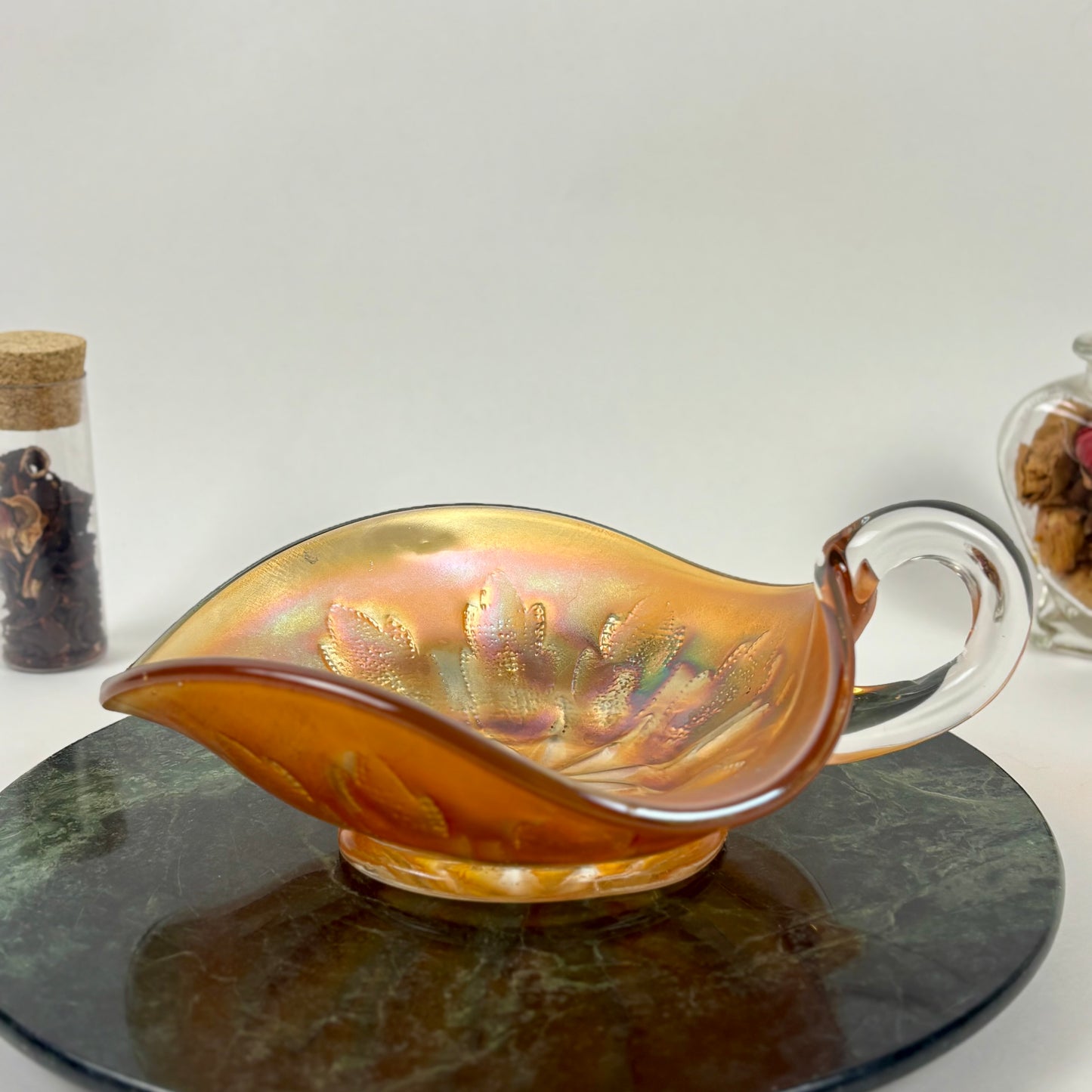 Antique Dugan Glass Leaf Ray Marigold Carnival Glass Nappy Dish |⋆˙⟡| Iridescent Handled Bowl, c. 1910