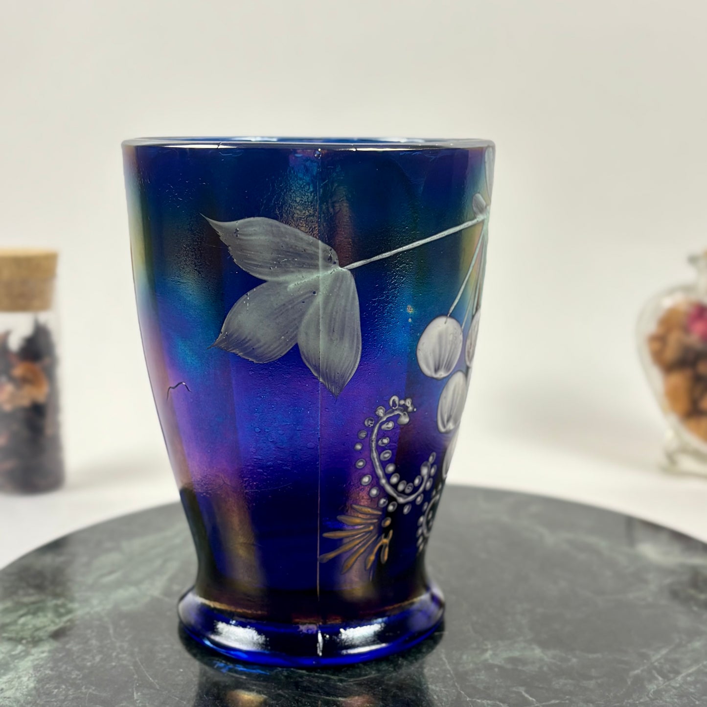 Antique Northwood Blue Carnival Glass Enameled Ground Cherries Tumbler |⋆˙⟡| c. 1910s