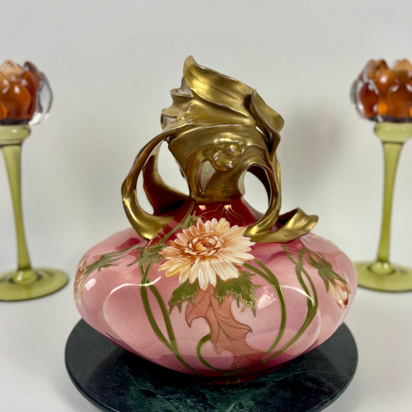 Vintage Art Nouveau Hand-Painted Pink Floral |⋆˙⟡| Porcelain Vase with Gilt Handles