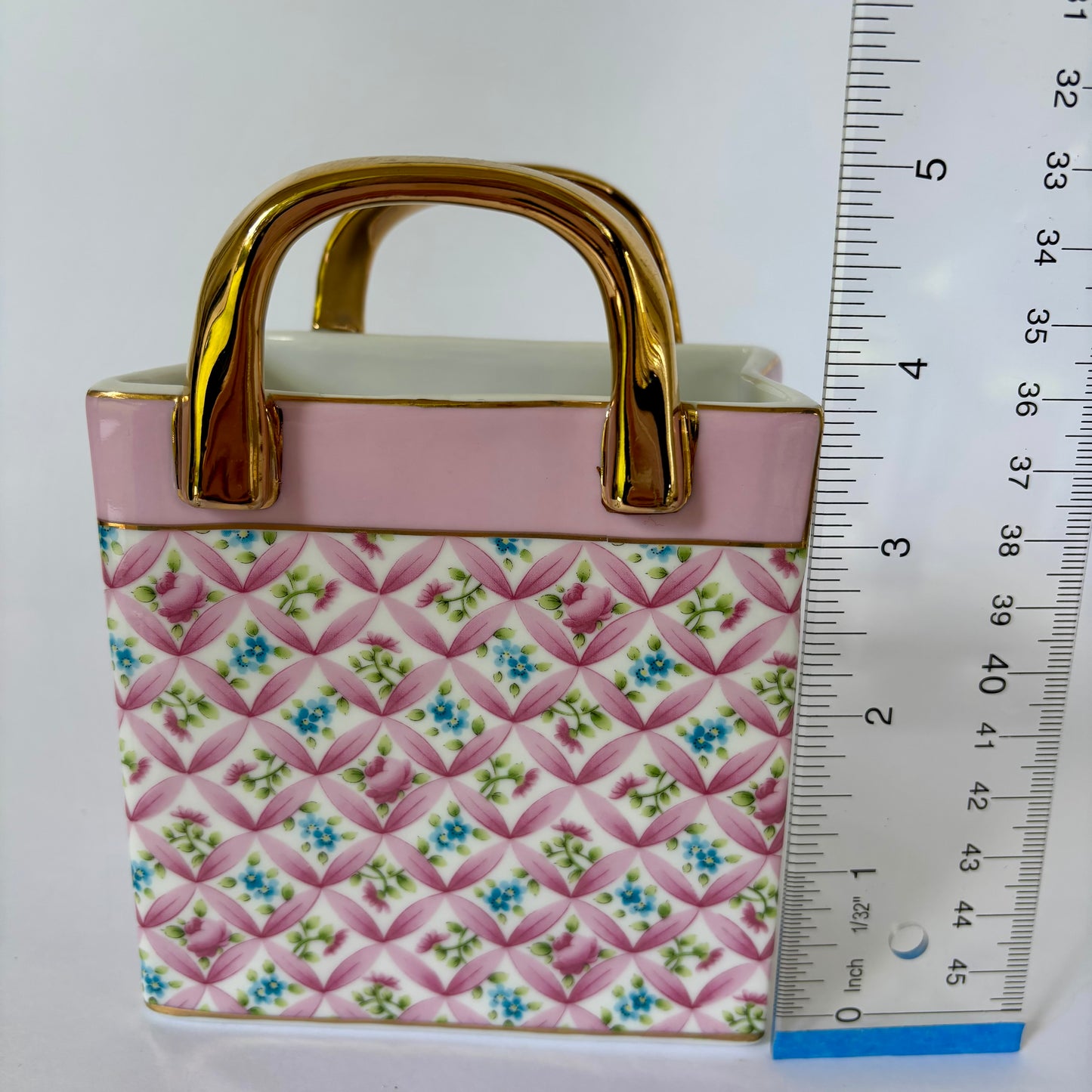 Porcelain Purse Planter / Vase |⋆˙⟡ | Pink Floral Lattice Gold Handle Vanity Decor