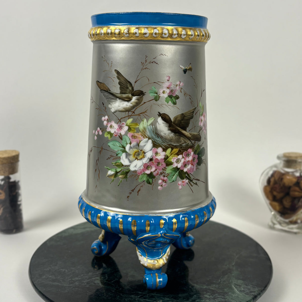 Antique Hand-Painted Bird & Floral Porcelain Vase |⋆˙⟡| Blue & Gold Footed Vase