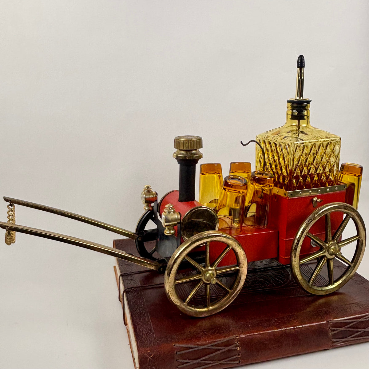 Vintage Japanese Musical Fire Wagon Decanter Set |⋆˙⟡| Amber Glass Barware