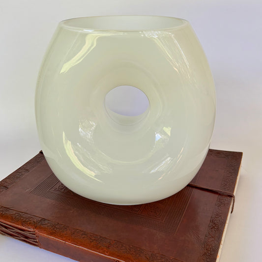 Large White Glass Donut Vase |⋆˙⟡ | Sculptural Hollow Center Art Glass Bowl