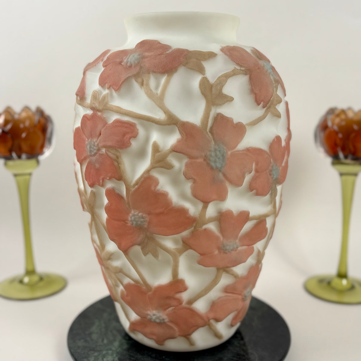 Antique 1920s Consolidated Glass Dogwood Vase |⋆˙⟡| Original Label, Coral Pink Martele Art Glass