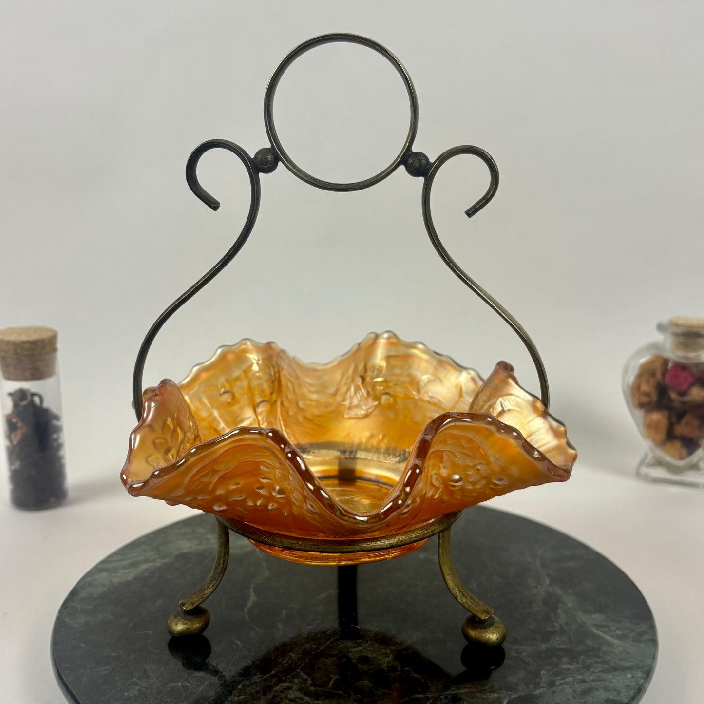 Antique Fenton Sailboats Marigold Carnival Glass Bowl |⋆˙⟡| with Brass Stand, c. Early 1900s
