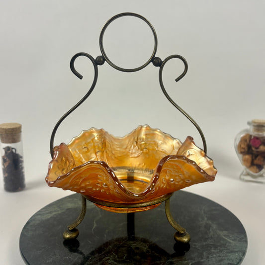 Antique Fenton Sailboats Marigold Carnival Glass Bowl |⋆˙⟡| with Brass Stand, c. Early 1900s