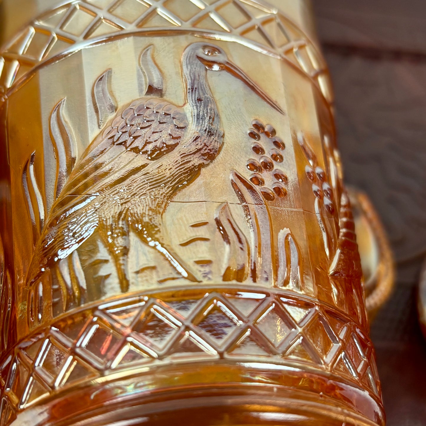 Antique Dugan Stork & Rushes Carnival Glass Mugs – Set of 4 |⋆˙⟡| Circa 1910