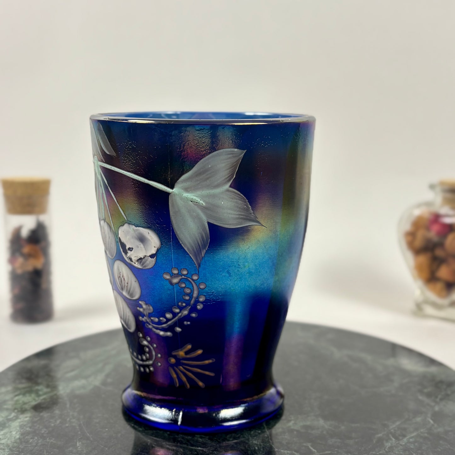Antique Northwood Blue Carnival Glass Enameled Ground Cherries Tumbler |⋆˙⟡| c. 1910s