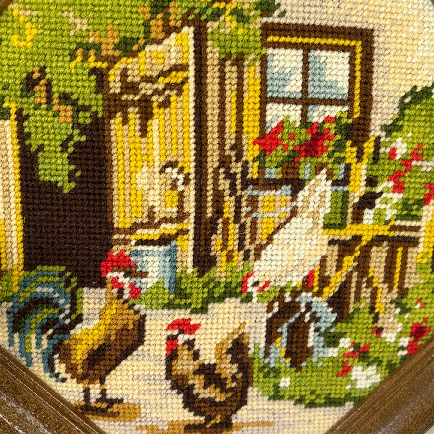 90's Handmade Framed Wall Art Set (2) ⋆˙⟡  Needlepoint Farm Scene + Quilt Block