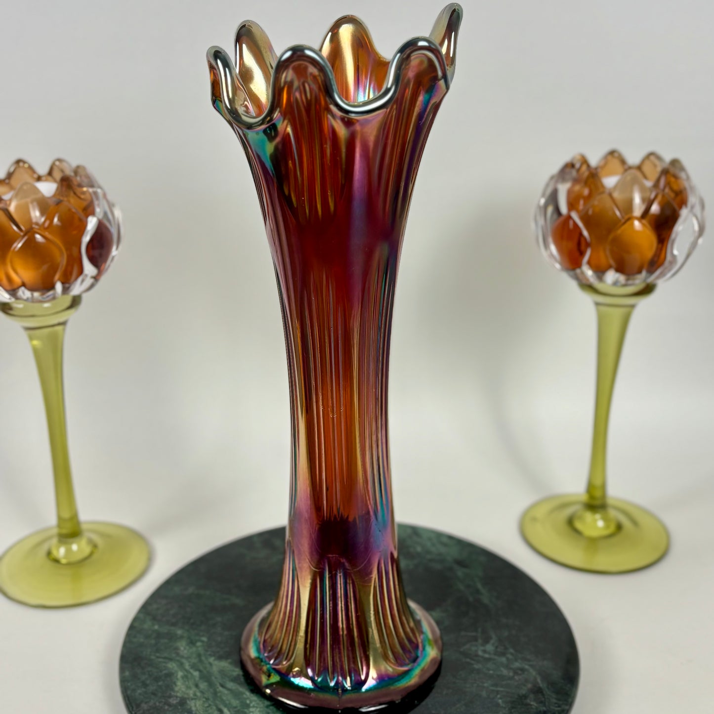 Fenton Amethyst Diamond & Rib Pattern Swung Glass Vase |⋆˙⟡| Iridescent Ribbed Art Glass, Early 20th Century