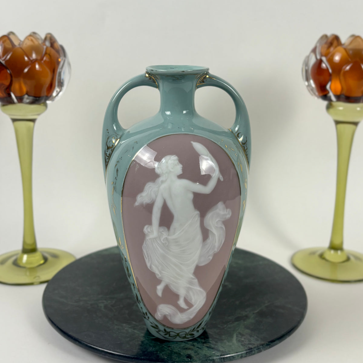 Antique Gebrüder Heubach Porcelain Cameo Vase |⋆˙⟡| Double Handle, Art Nouveau Vase