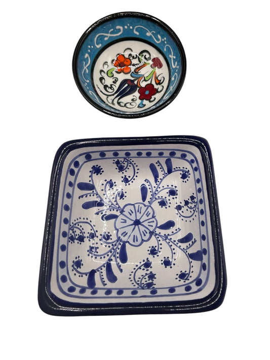 Hand Painted Tunisian Ceramic Dish + Small Decorative Bowl