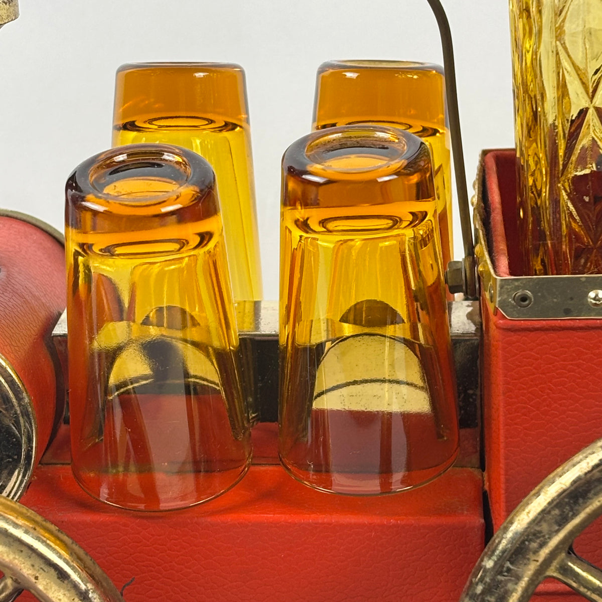 Vintage Japanese Musical Fire Wagon Decanter Set |⋆˙⟡| Amber Glass Barware