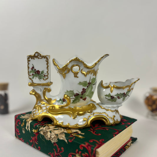 Antique Porcelain Holly Berry Desk Set |⋆˙⟡| Gold Gilt French Porcelain