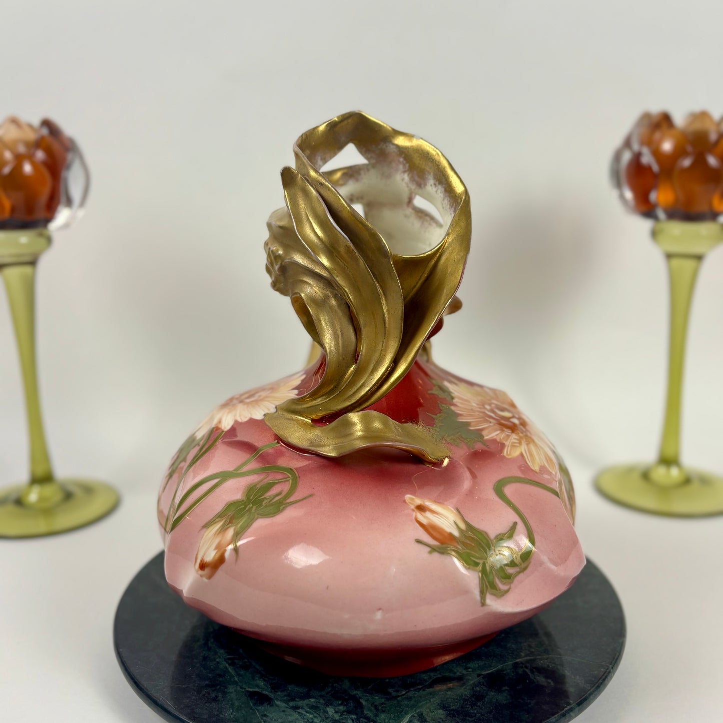 Vintage Art Nouveau Hand-Painted Pink Floral |⋆˙⟡| Porcelain Vase with Gilt Handles