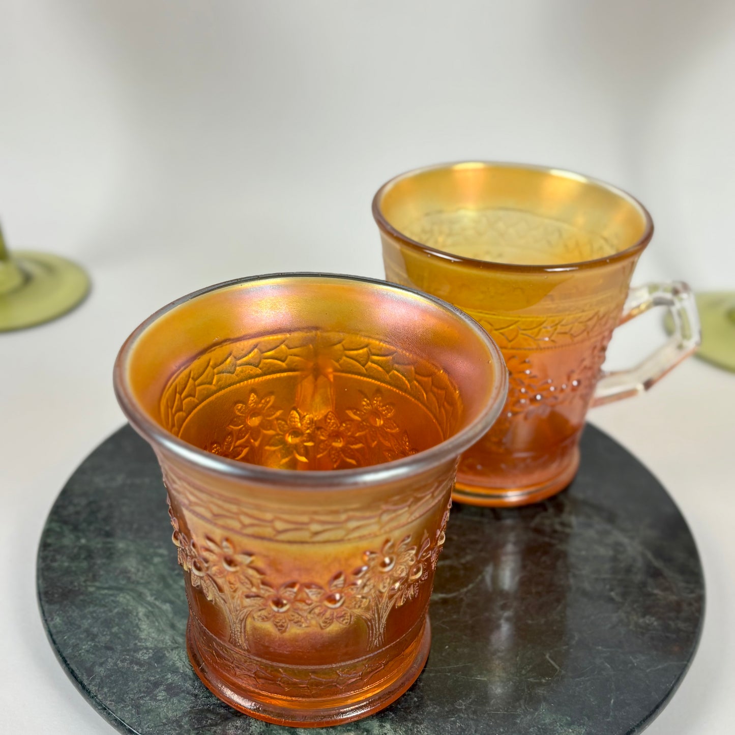 Antique Fenton Orange Tree |⋆˙⟡|Marigold Carnival Glass Mugs Pair, c. 1911–1920s
