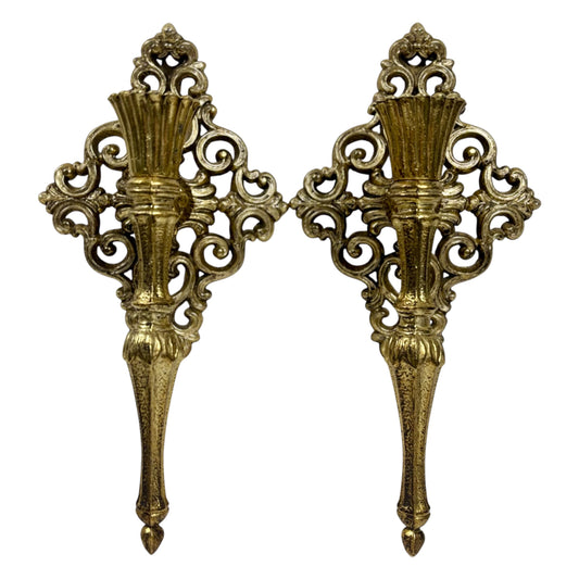 Pair of Vintage Ornate Gold Metal Wall Candle Sconces |⋆˙⟡| Hollywood Regency Scrollwork Candle Holders