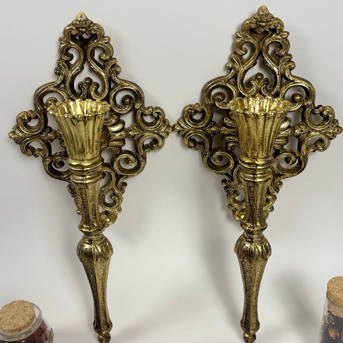 Pair of Vintage Ornate Gold Metal Wall Candle Sconces |⋆˙⟡| Hollywood Regency Scrollwork Candle Holders
