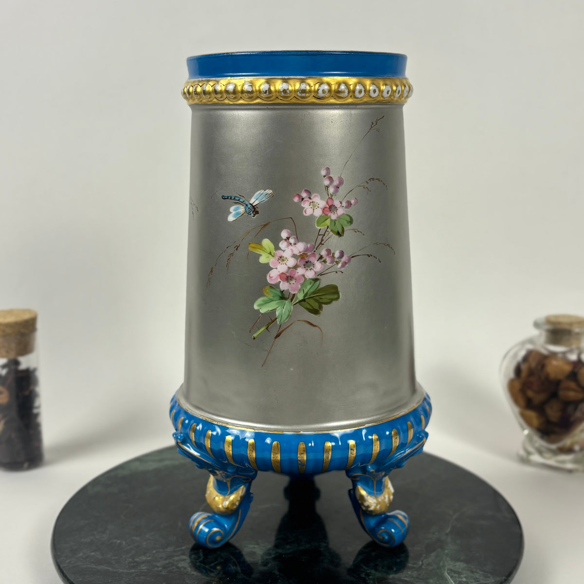 Antique Hand-Painted Bird & Floral Porcelain Vase |⋆˙⟡| Blue & Gold Footed Vase